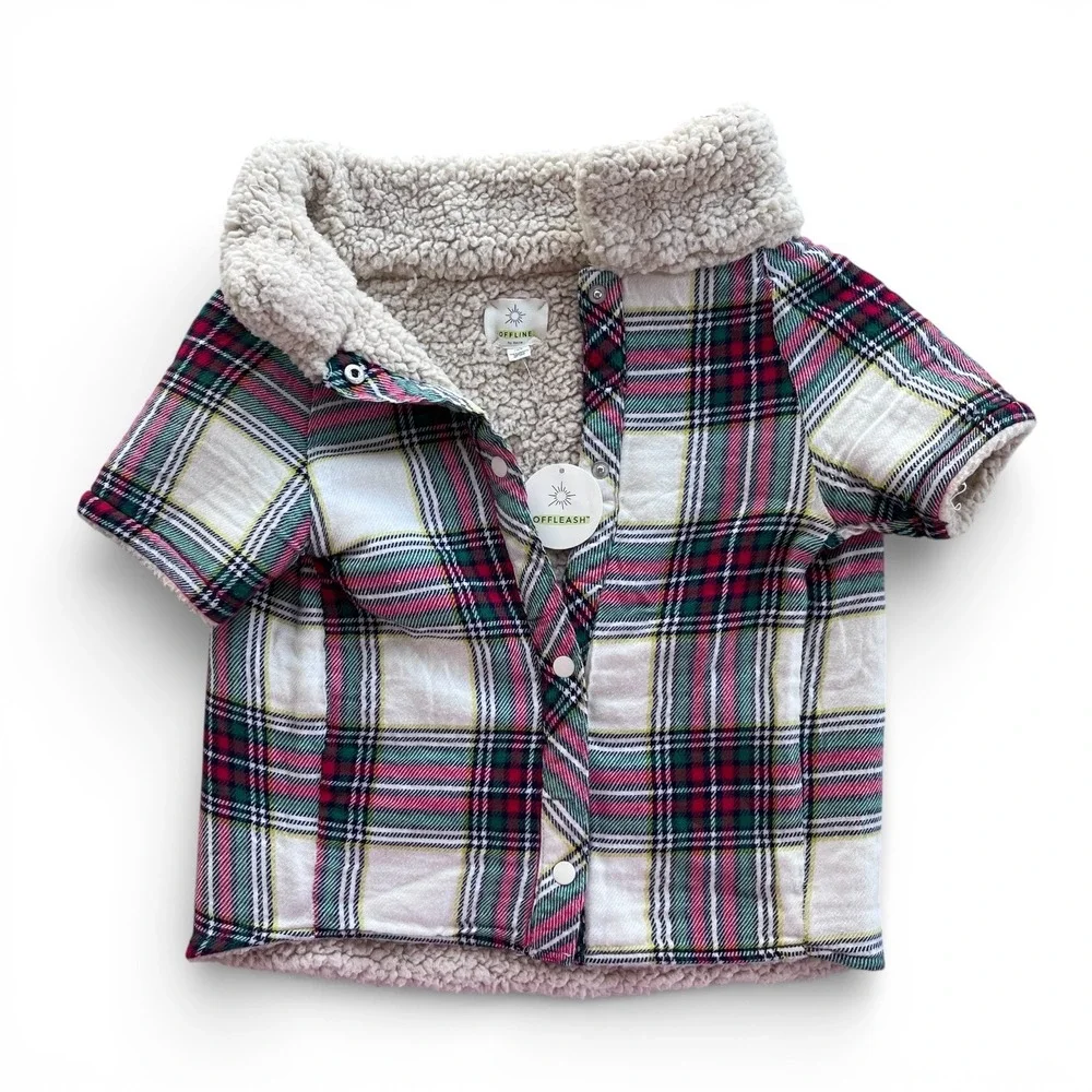 OFFLINE by Aerie Lg. Puppy Flannel Shirt Red Green Plaid Sherpa Lined Dog Jacket